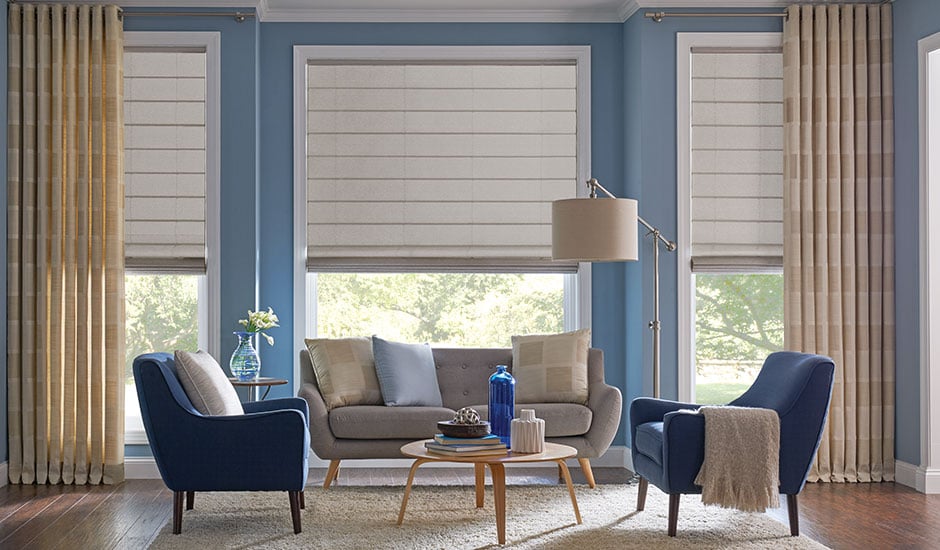 neutral-roman-shades-yellow-drapes