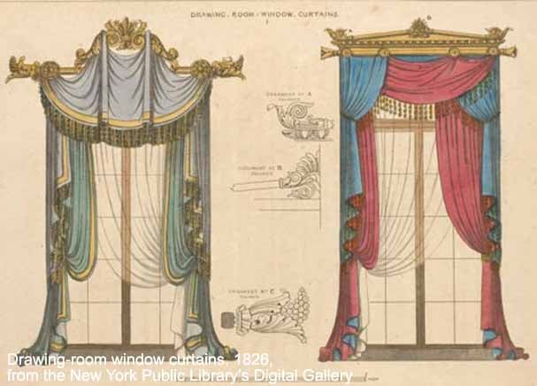 The History Of Curtains And Drapes Drawing-room window curtains, 1826, from the New York Public Library’s Digital Gallery