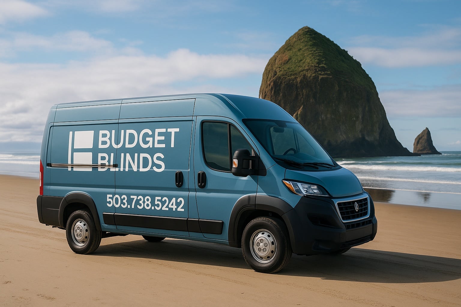Budget Blinds van in front of the Oregon Coast