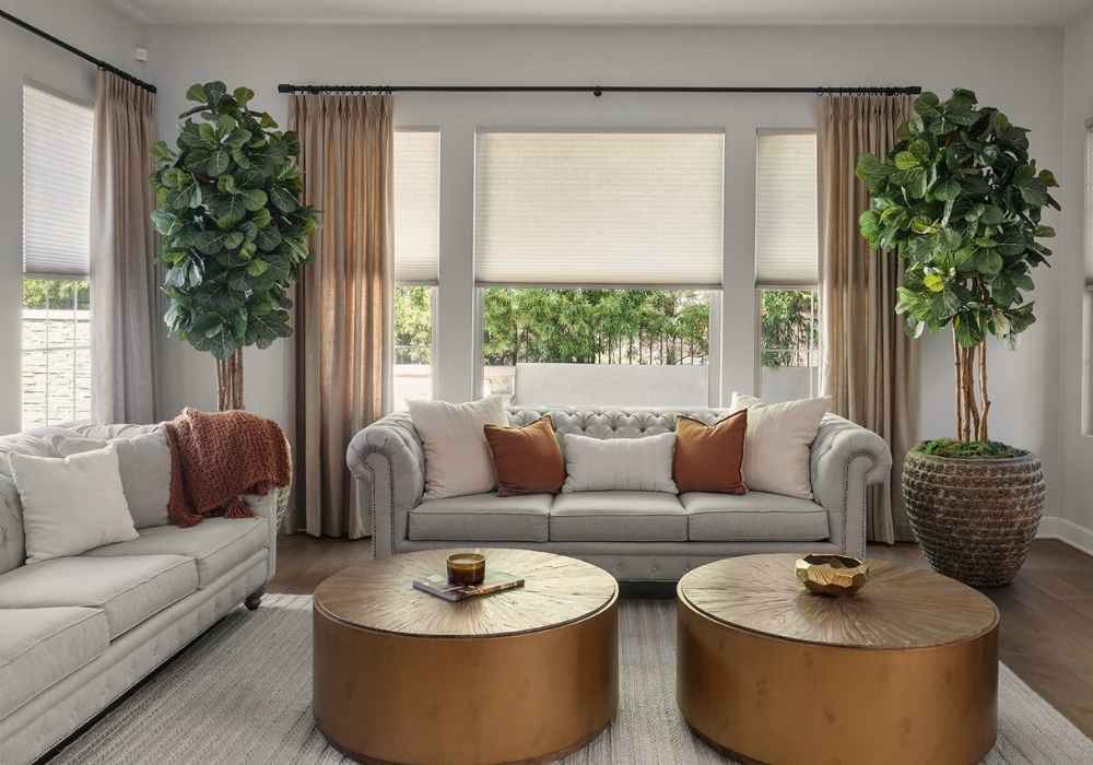 Cellular Shades Layered with Drapes in a Living Room