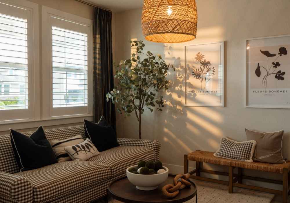 Shutters Layered with Drapery in a Living Room