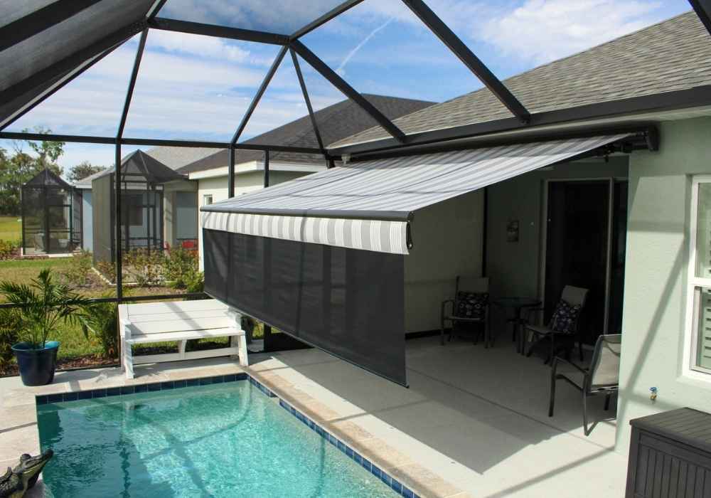 Retractable Awning Over a Poolside Patio