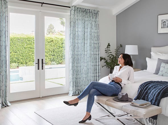 Budget Blinds teal drapes