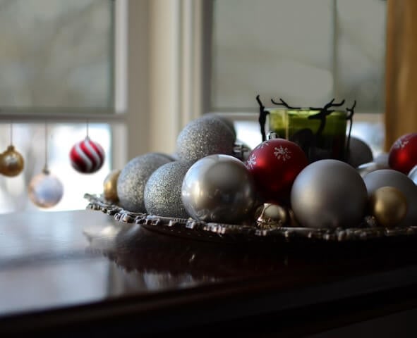 silver red ornaments centerpiece 