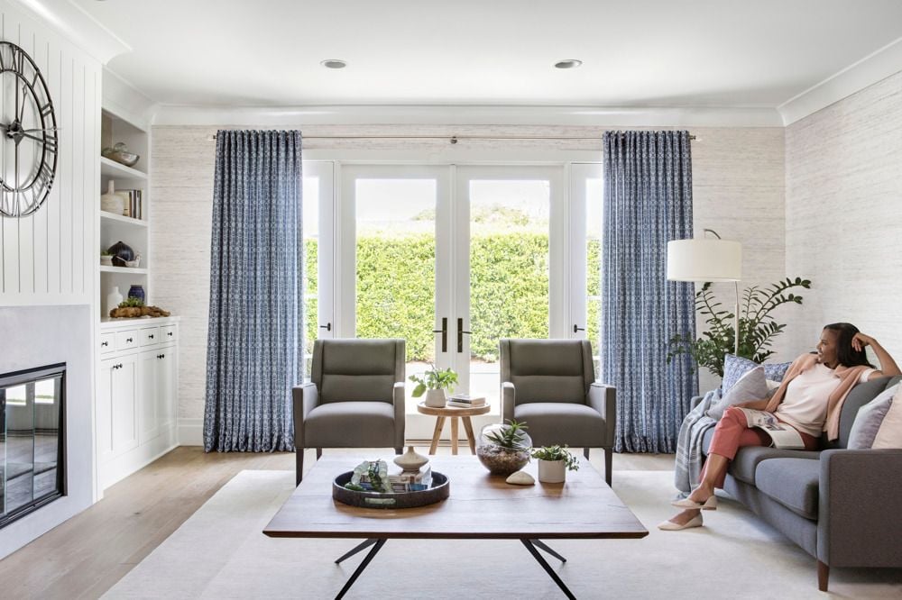 Navy Drapes in Living Room 