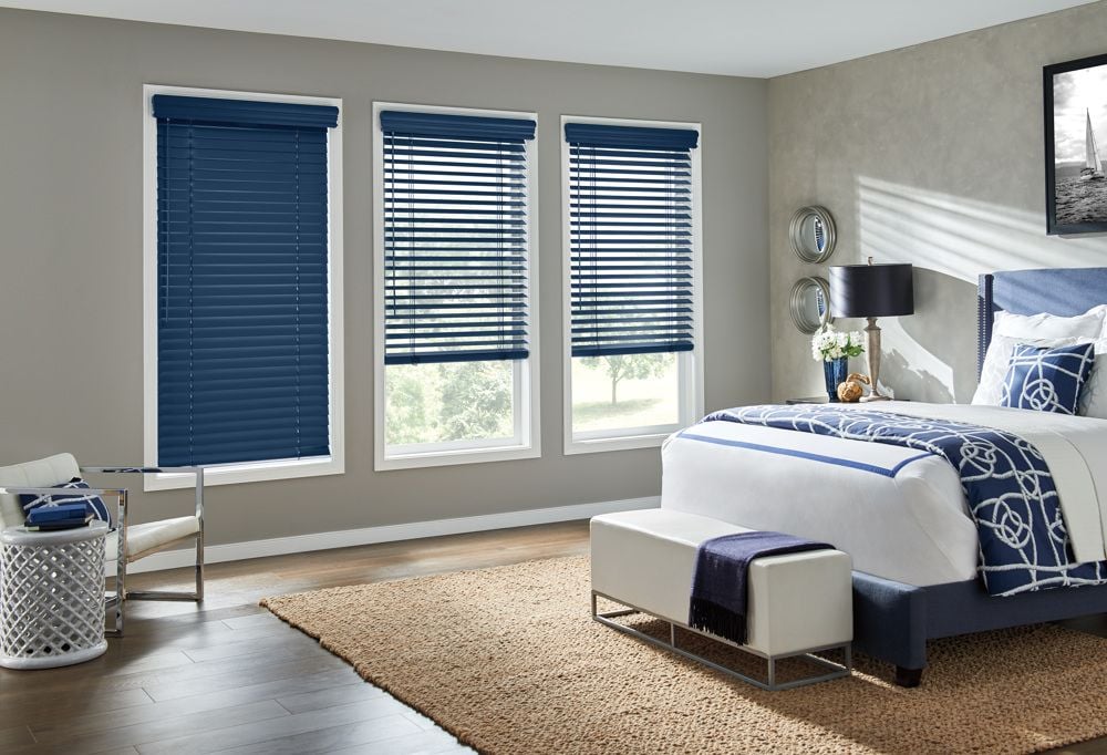 Blue Wood Blinds in Bedroom