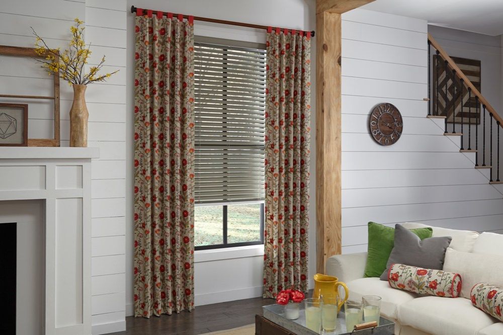 Faux Wood Blinds and Drapery Panels in Living Room