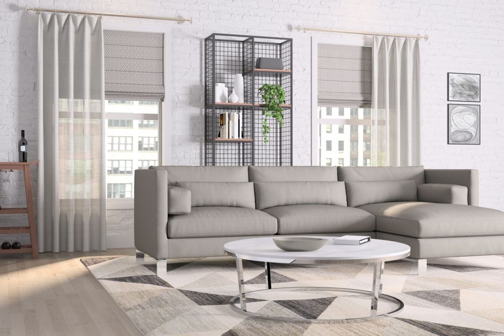 Roman Shades and Drapery in Living Room 
