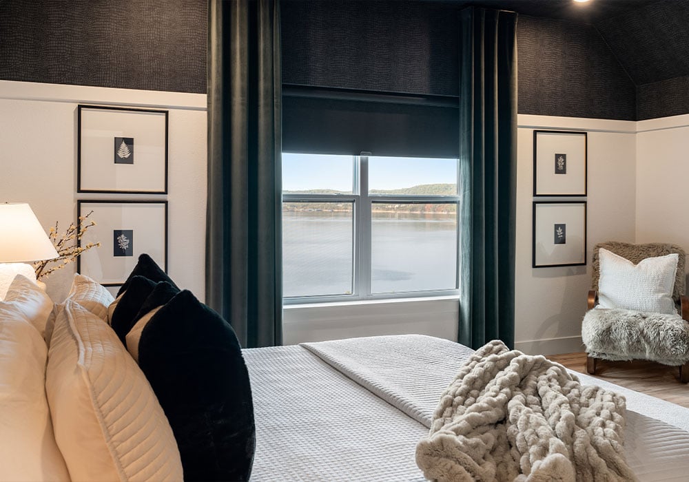 Roller shades with enlightened style drapery in Vandain bedroom