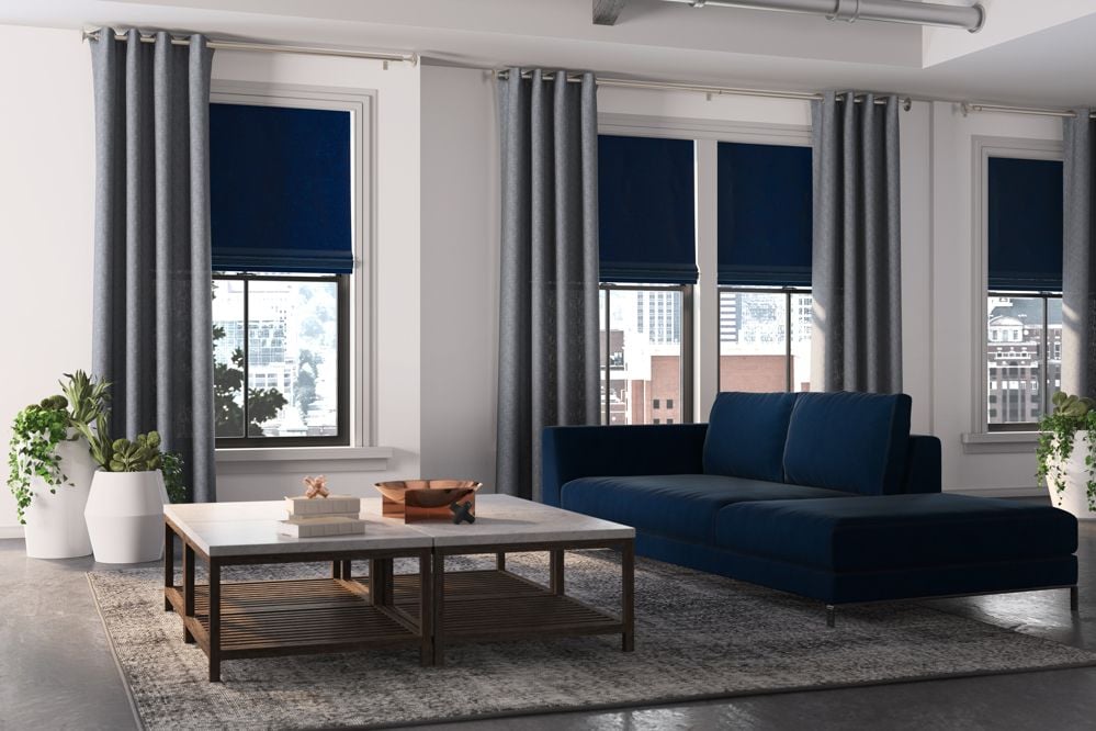 Roman Shades and Drapery in Living Room