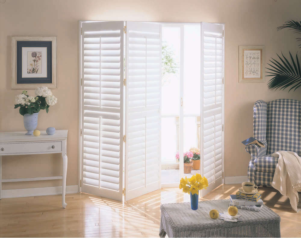 white plantation shutters in living room
