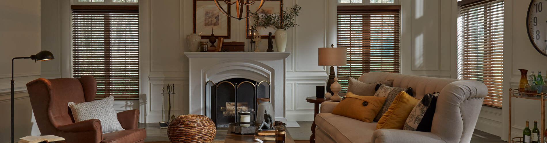 dark wood blinds in living room