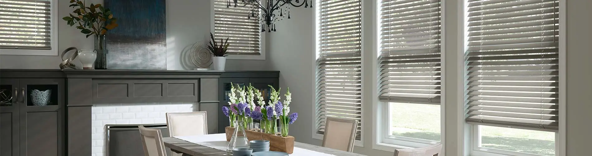 gray wood blinds in dining room