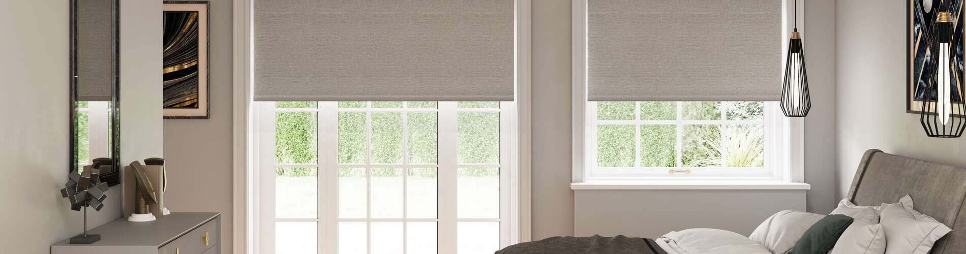 gray roller shades in bedroom