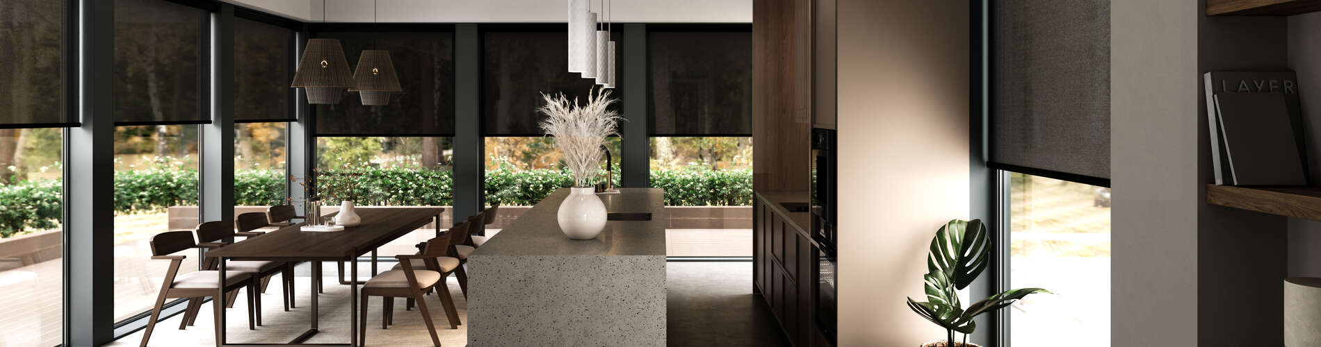 black roller shades in dark modern kitchen
