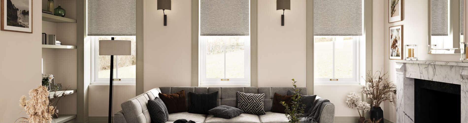 gray roller shades in modern living room