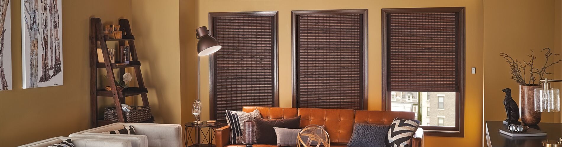 Brown bamboo shades in living room 