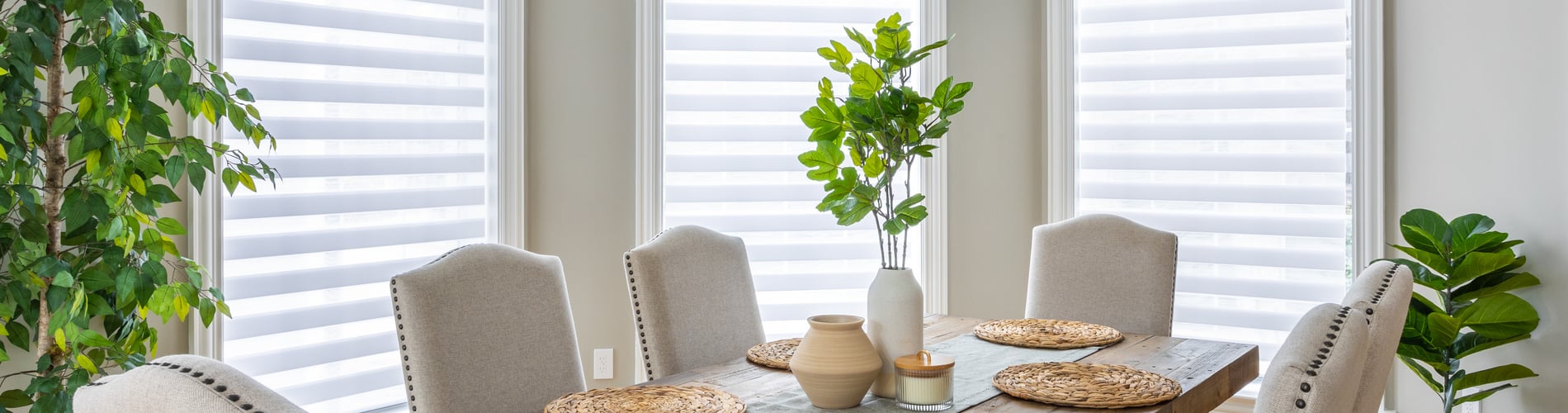 white window shadings in dining room