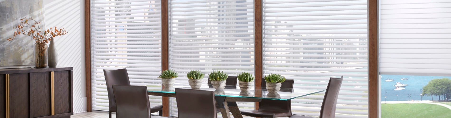 window shadings in brown dining room