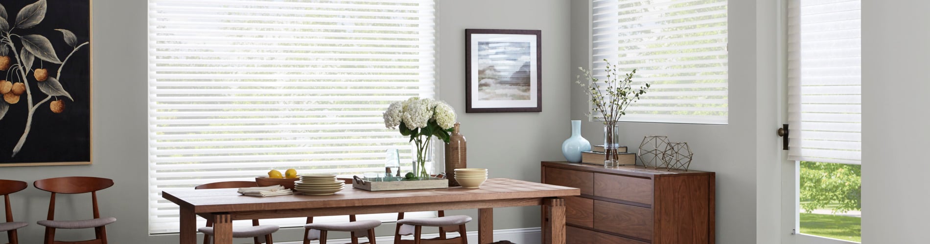window shadings in brown dining room
