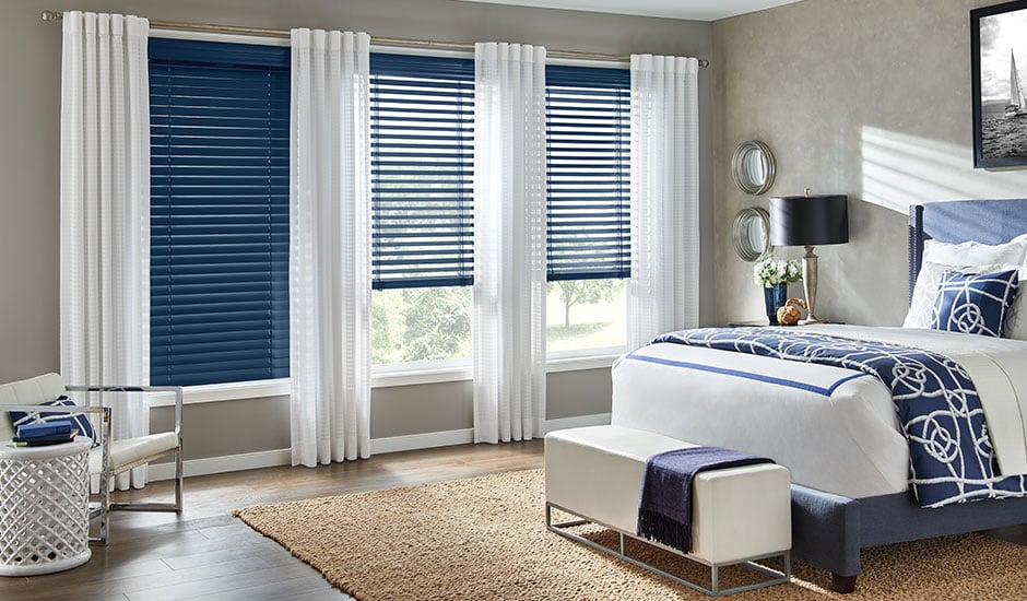 Blue Blinds with White Panel Drapes