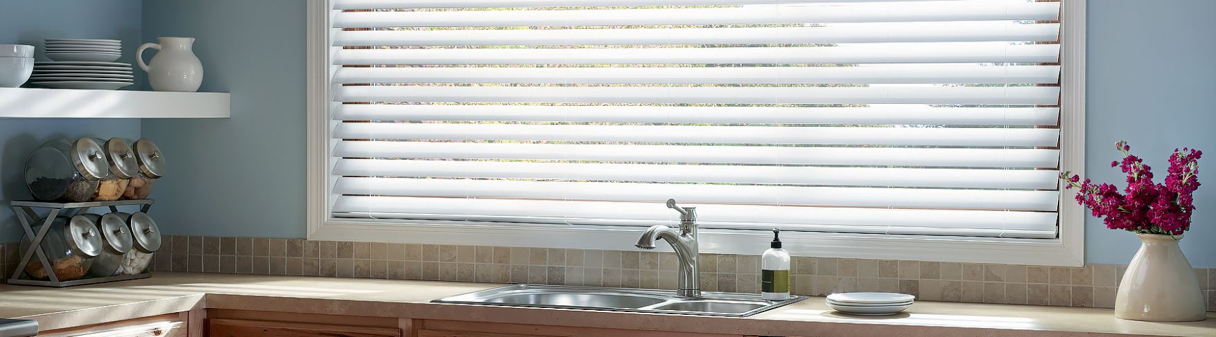 faux wood blinds in kitchen
